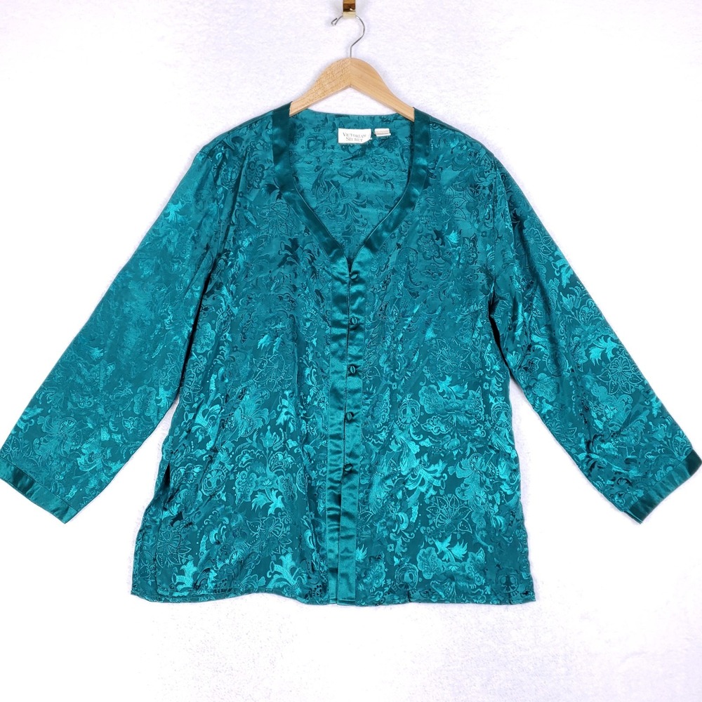 Vintage Victoria's Secret Teal Floral Jacquard Satin Blouse Size‎ M 90s Glam